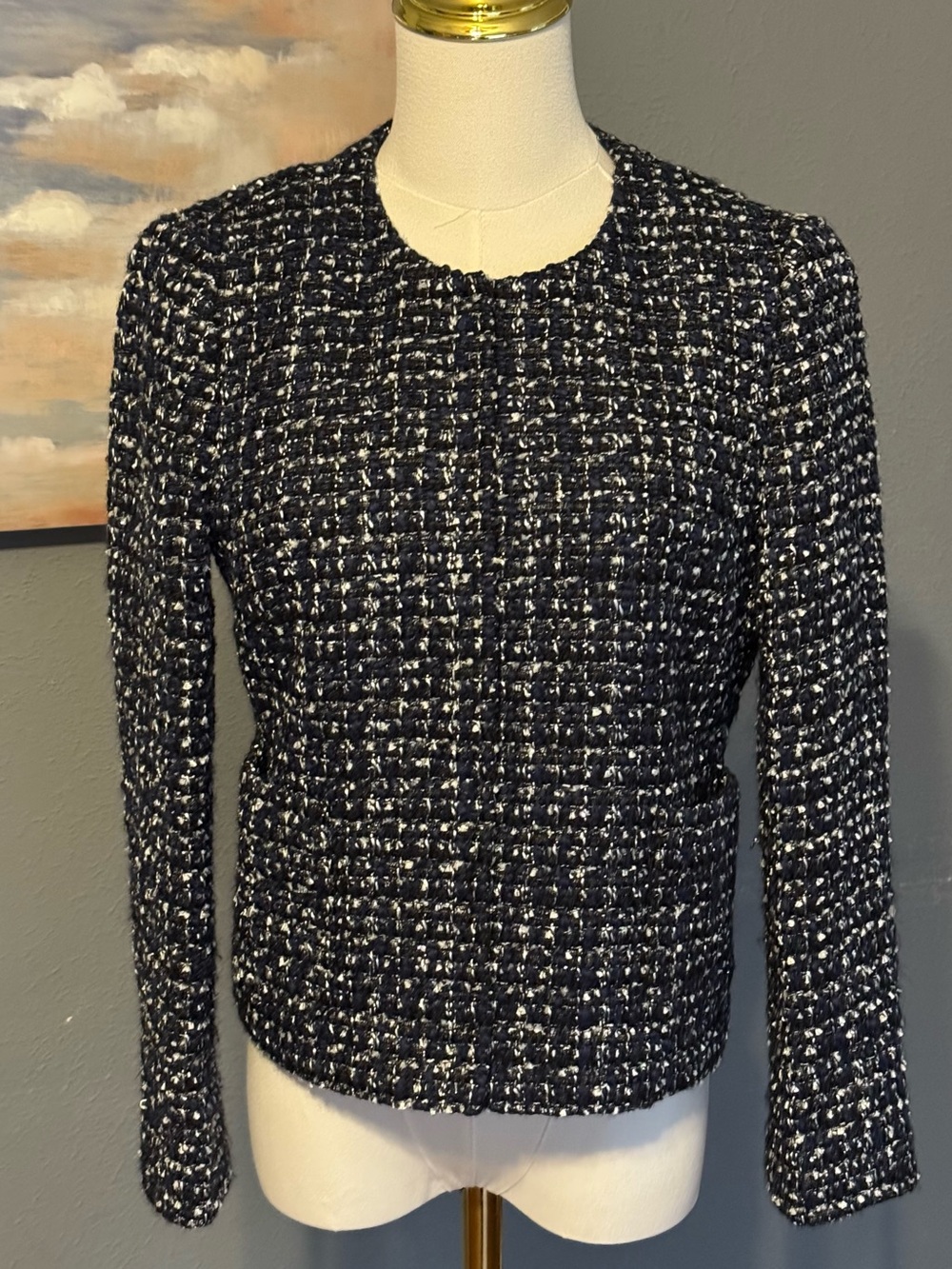 J.CREW Women Midnight Blue Tweed Wool Blend Cropped Blazer Jacket 4